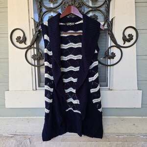 Almost Famous Women's M Y2K Navy & White Striped Open Front Knit Top